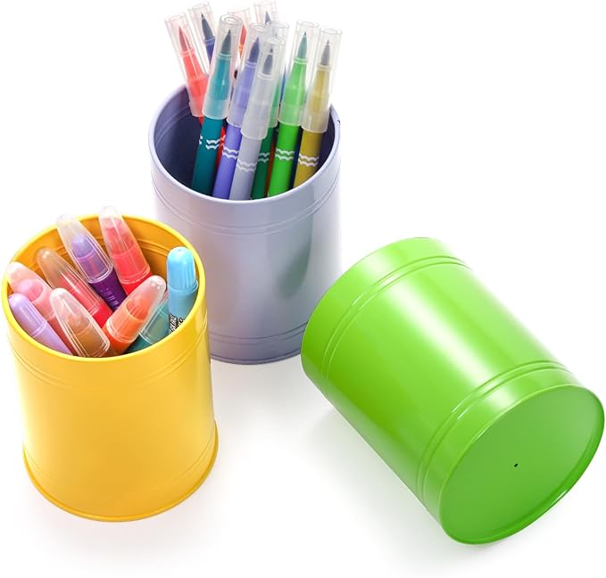 9 Pack Metal Pen Holder, Colorful Desktop Pencil Cup, Mini Stationary Supplies Buckets, Round Makeup Brush Storage Organizers for Office Home School Classroom Accessory, 3.5 x 4.5 Inches