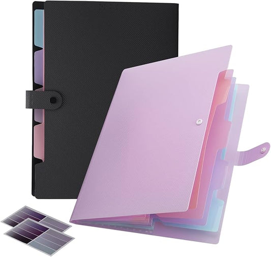 NAFY Colorful Expanding File Folder, 5 Pockets Folder with Colored Labels Portable Weave Pattern Accordion File Folder A4 Letter Size Project Organizer Document Folder for office school (Black+Purple)