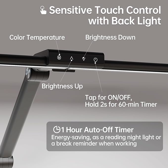 LED Desk Lamp for Home Office, 24W Eye-Caring Reading Light with Clamp, USB Charging Port, 7 Brightness 5 Color Mode, Memory Function, Auto-Off Timer, Swing Arm Architect Table Lamp for Study