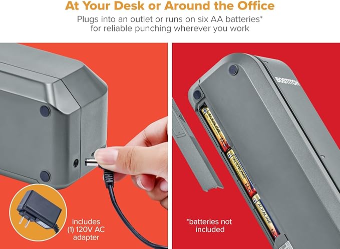 Bostitch Office Electric 3-Hole Punch, Dual Paper Loading, Heavy Duty, Jam-Free 20 Sheet Capacity, AC Adapter or Battery Powered, Space Saving, Grey, (EHP20-GRY)