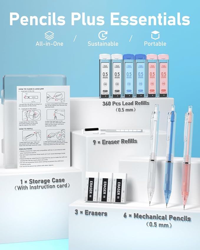 Four Candies Mechanical Pencil Set with Case, 3PCS Aesthetic Mechanical Pencils 0.5 mm with 360PCS HB Lead Refills, 12PCS Erasers, Cute Mechanical Pencils for Writing, Drawing and Sketching