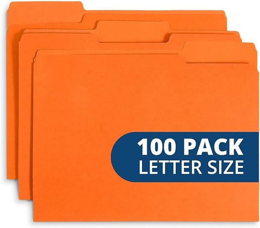 File Folder, 1/3 Cut Tab, Letter Size, Orange, Great for Organizing and Easy File Storage, 100 Per Box