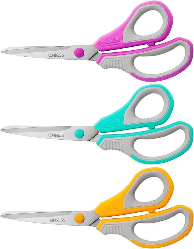 QMVESS 8.5" Scissors All Purpose 3 Pack, Ultra Sharp 2.5mm Thick Blade Scissors for Office, Professional Ergonomic Comfort Grip for Office School Home Fabric Sewing DIY Craft Cutting General Use