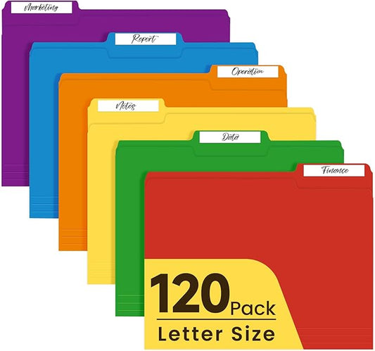 Colored File Folders Letter Size, 120 Pack 6 Colors Bright Folders 1/3 Cut Tabs, Assorted Pastel Color Office School Buiness Folders for Filing Organization, Paper File Folder Bulk Set