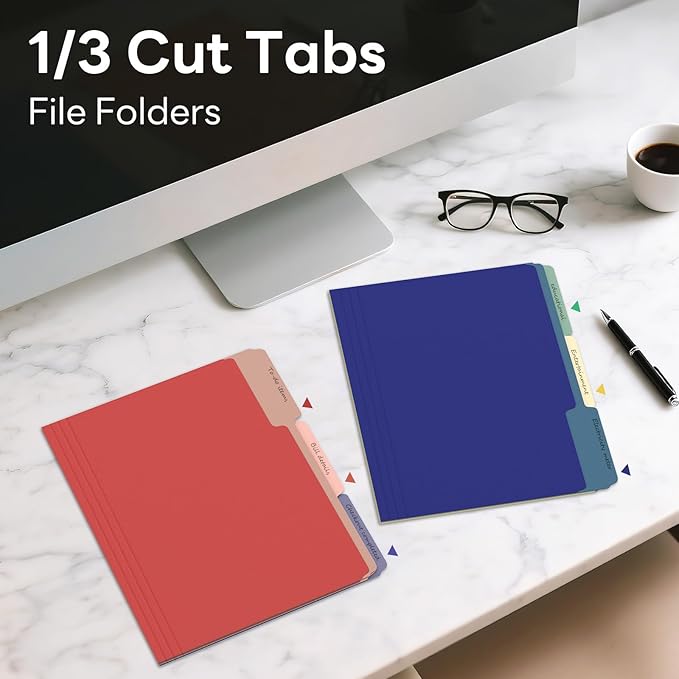 Piasoenc Color File Folders Set of 12, 1/3 Cut Tab, Letter Size Folder for 8.5 x 11 Documents Files, Assorted 6 Colors Filing for Office School Business