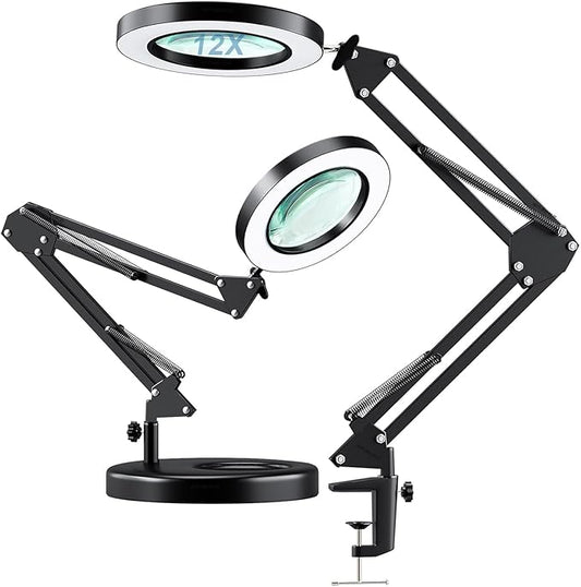 HITTI 【Upgraded 12X LED Magnifying Lamp, 1,800 Lumens Stepless Dimmable, 3 Color Modes, 8-Diopter 4.2″ Real Glass Lens Magnifier Desk lamp, Magnifying Light and Stand for Crafts Reading Close Work