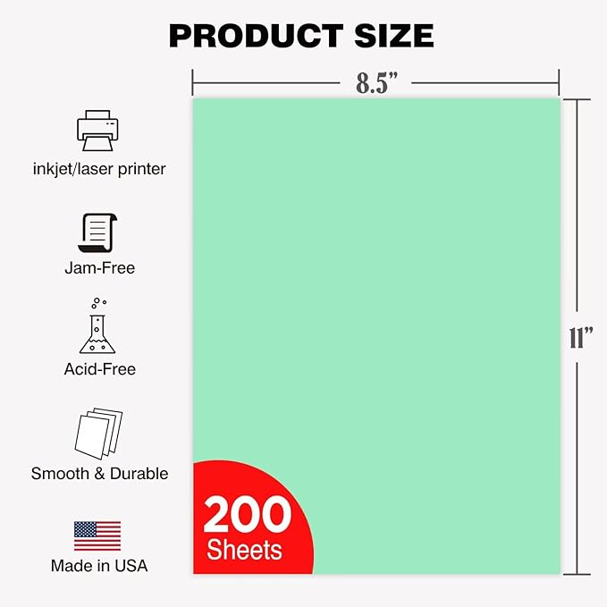 Veritas Colored Copy Paper, Green Colored Printer Paper 8.5” x 11”, 20 lb / 75 GSM, 200 Sheets (1 Reams) Computer Paper, Multi-Purpose paper, Made in USA
