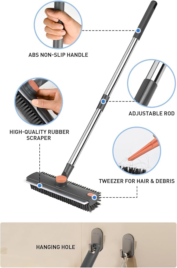Floor Scrub Brush with Long Handle,3 in 1 Multi-Angle Heavy Duty Stiff Bristle Scrubber with Squeegee and Tweezer,Shower Brush for Cleaning Shower Bathroom,Patio,Garage, Kitchen,Deck and Wall