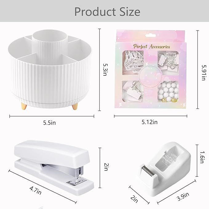 Office Supplies,Desk Accessories,with Stapler,Tape Dispenser,Staple Remover,Scissor,Ballpoint Pen,Sticky Notes,Clear Tape,Staples,Desk Organizer,Ruler,Binder,Best Gift Set(White)