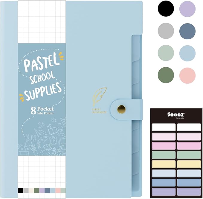 Sooez Aesthetic 8 Pocket Accordion File Organizer, Pastels Expanding File Folder for Important Document with Labels, Portable Receipt Bill Organizer for Office School Supplies, Letter Size Light Blue