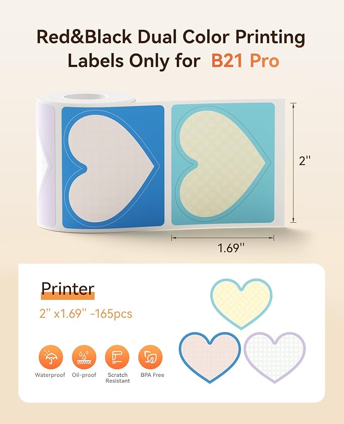 NIIMBOT B21 Pro Label Maker Refill - 300DPI Red & Black Dual Color Sticker Paper Sweet Heart (2"x1.69"/50x43mm) for School, Office, Retail, Baking & Safety Labels - Compatible with B21 Pro Only