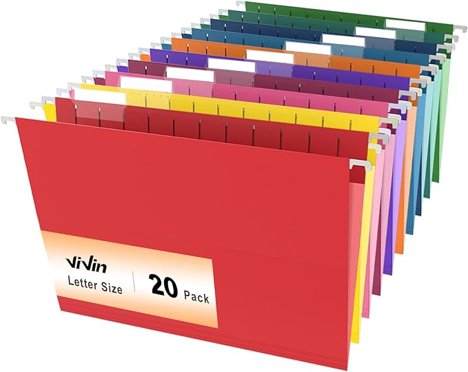 ViVin 20 Pack Letter Size Hanging File Folders with 20 Per Box, 1/5-Cut Adjustable Tabs, Hanging Folders Designed for Office Bulky Files, Filing Cabinets(Multicolored)