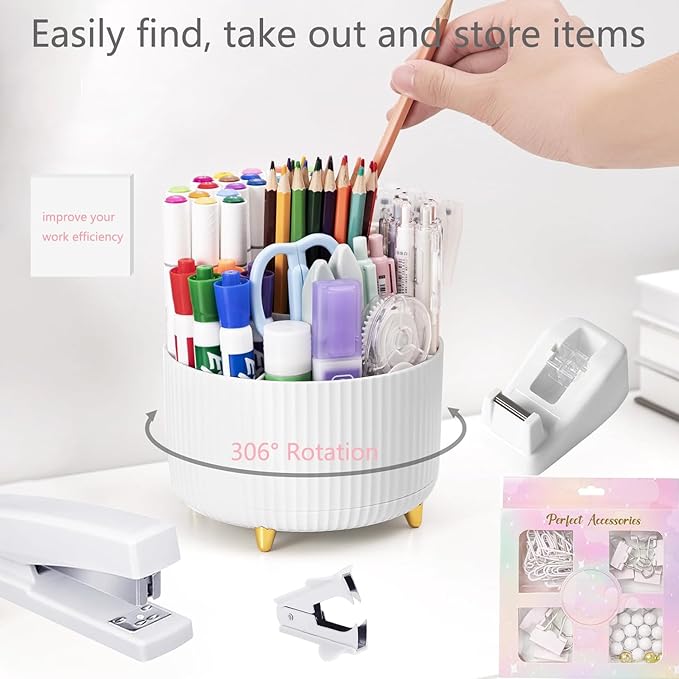 Office Supplies,Desk Accessories,with Stapler,Tape Dispenser,Staple Remover,Scissor,Ballpoint Pen,Sticky Notes,Clear Tape,Staples,Desk Organizer,Ruler,Binder,Best Gift Set(White)