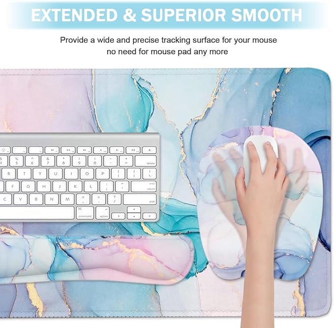 Keyboard Wrist Rest Large Mouse Pad Wrist Support for Computer, 4 in 1 Memory Foam Keyboard Pad Desk Mat Ergonomic Hand Rest Wrist Cushion for Home Office Gaming - Blue Marble