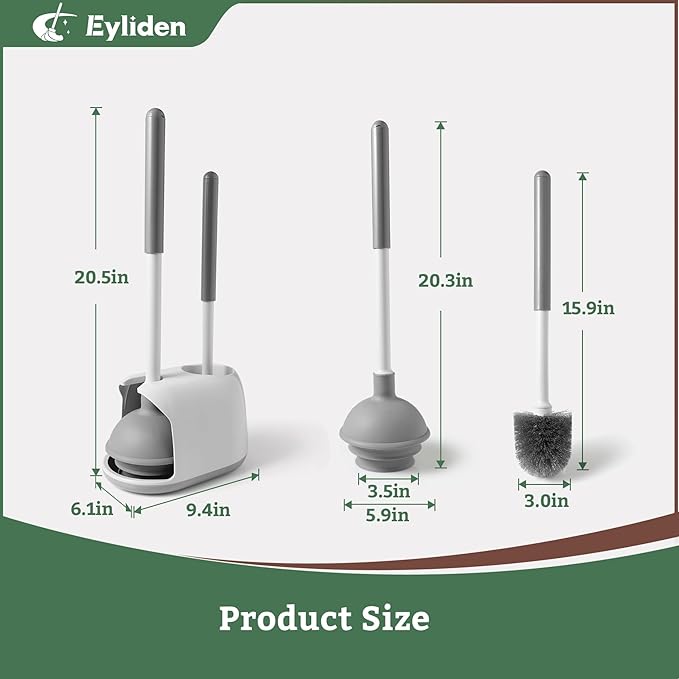 Eyliden Toilet Plunger & Brush Set, Upgrade 3-Step Suction Cup - Ultra-Tight Seal, Durable, Space-Saving Toilet Deep Cleaning Combo with Holder, Bathroom Essentials (1 Pack, White & Grey)