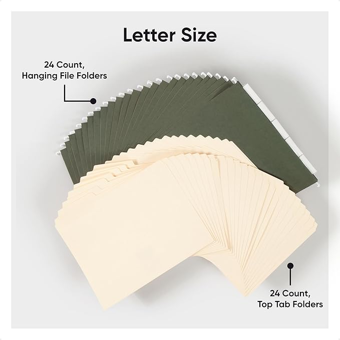 Smead Hanging File Folder, 1/5-Cut Adjustable Tab, Letter Size, Standard Green, Hanging Folders for Filing Cabinets, File Organizer Folder, 24 Per Box (92007)