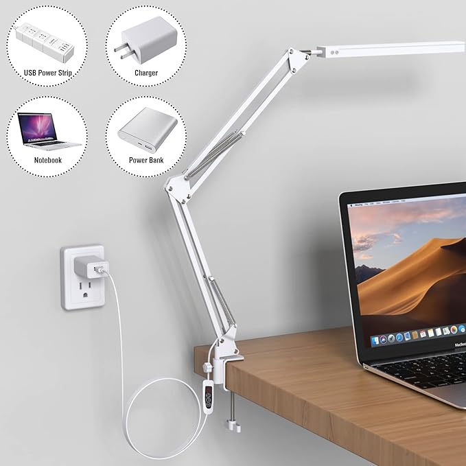 LED Desk Lamp for Home Office, Clamp-On with 3 Light Modes | 14W Adjustable Brightness 5000K Eye-Caring Lighting for Study/Bedroom/Computer Desk (White)