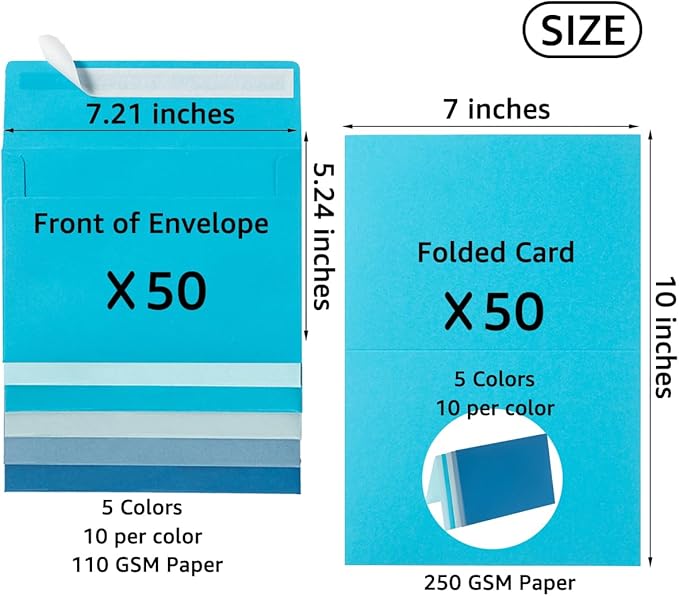 Wishop 50 Pack Blue Self-Adhesive Envelopes with Fold Cards 5 Colors for Wedding Invitations and Greeting Cards (Blue 5 Colors, 5x7)