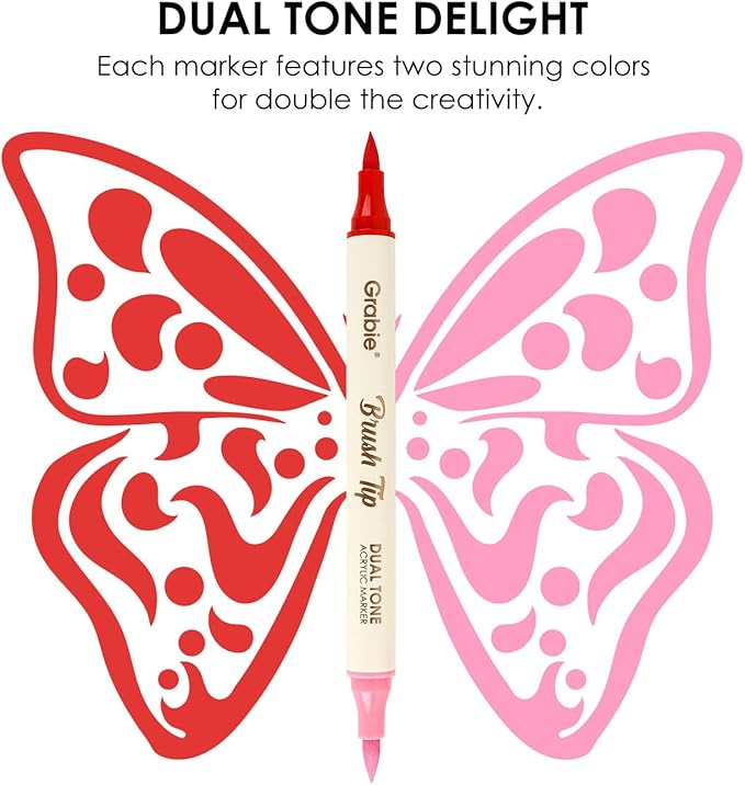 Grabie 24 Colors Paint Markers, Acrylic Paint Pens with 12 Dual-Color Brush Tips, Dual Tone Acrylic Markers for Rocks, Acrylic Paint Markers for Art Supplies (24 Dual Tone Colors)