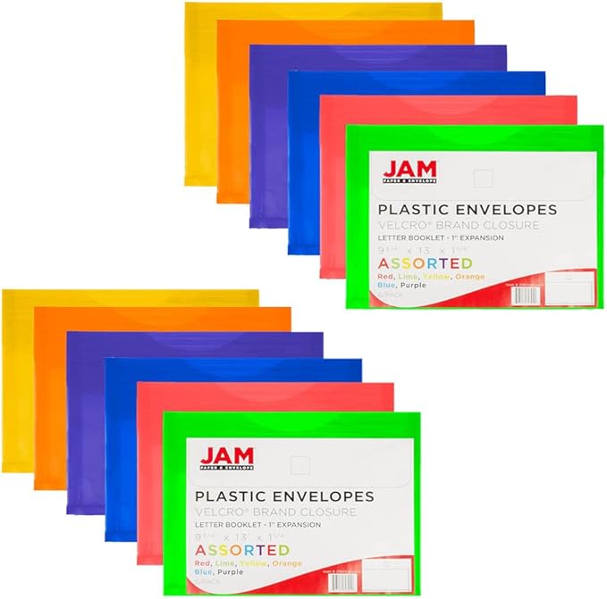 JAM PAPER Plastic Expansion Envelopes with Hook & Loop Closure - Letter Booklet - 9 3/4 x 13 with 1 Inch Expansion - Assorted Colors - 12/Pack