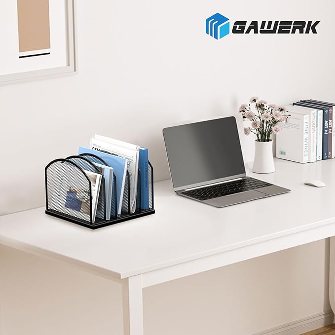 5-Section Vertical Desktop Organizer, 5-Section Mesh File Folder Stand Sorter for Office Home Classroom Organization (1, Black)