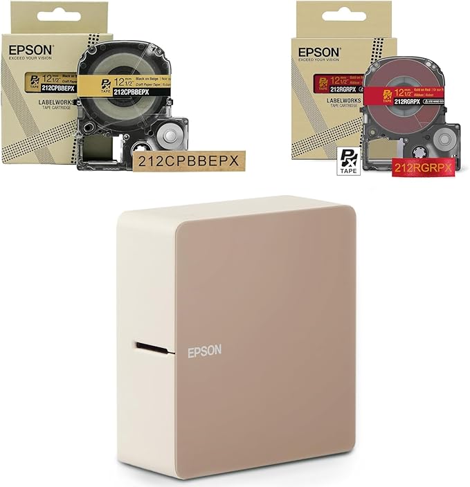 LABELWORKS Epson LW-C610PX Christmas Crafter Bundle - Label Maker and Brown Crafter Paper Tape and Red Ribbon
