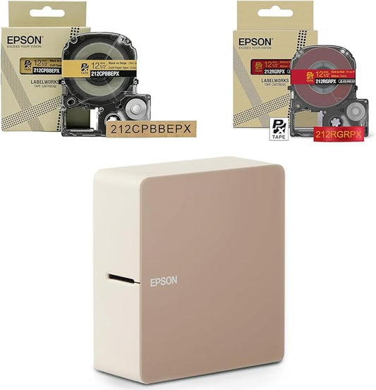 LABELWORKS Epson LW-C610PX Christmas Crafter Bundle - Label Maker and Brown Crafter Paper Tape and Red Ribbon