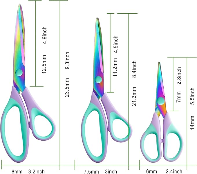 3PCS Purple Craft Scissors, Sharp Tailor,Multi-Purpose Titanium Blade,Soft and comfortable grip, Multipurpose Fabric Scissors Set, Great for Craft, Sewing, Arts, School and Home Supplies.