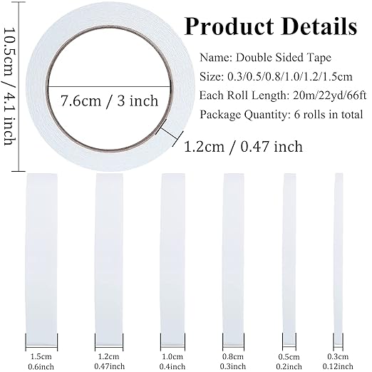 Double Sided Tape for Crafts, 6 Rolls Multi-Size Double-Sided Adhesive Tape for Arts, Photography, Gift Box, Scrapbooking, Card Making, Paper Backing