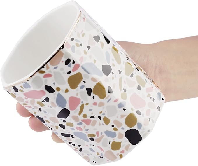Pen Holder, Makeup Brush Holder Ceramic Shiny Gold Terrazzo Marble Stone Pattern Pencil Cup for Girls Kids Women Durable Stand Desk Organizer Storage Gift for Office, Classroom, Home Pink