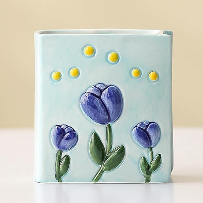 Book Vase Tulip Pencil Cup Pen Holder For Office Desk Decorative Books Blue Flower Vase Cute Toothbrush Holders Home Decor Teacher Book Gifts for Women Small Makeup Brushes Holder