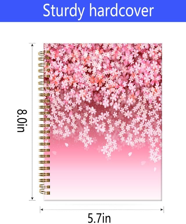 Spiral Journal Notebook,A5 Hardcover Lined Journals for Women Girl 6 x 8.3 in,120 Pages Thick Paper,Cute College Ruled Writing Notebook for Gifts Office Work School(Pink Cherry blossom)