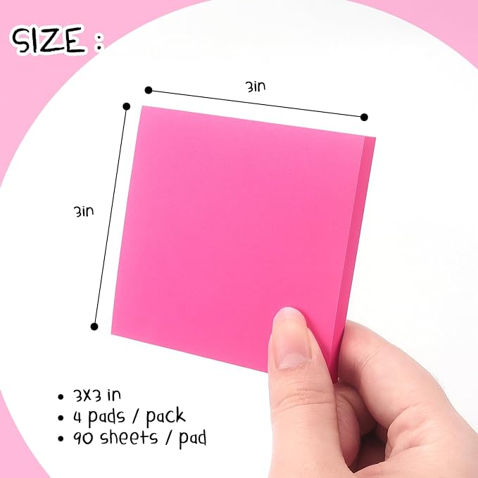 Sticky Notes 3x3 Pop Up Self-Stick Notes Pads with Bright Colors, Easy to Post for Office, School, Home, 4 Pads/Pack, 90 Sheets/Pad (Rose Red)
