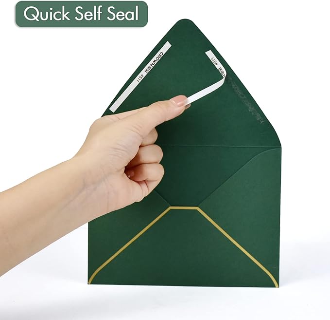 A6 Green Envelopes With Gold Border 4 x 6 - V flap, Quick Self Seal, For 4x6 Cards| Perfect for Weddings, Invitations, Photos, Graduation, Baby Shower，50 Pack (Green)