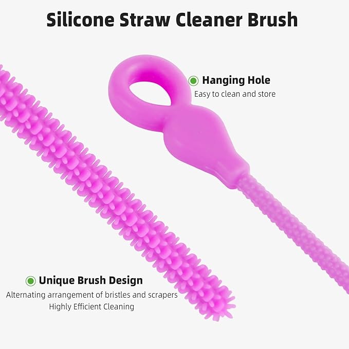 TenderBloom Silicone Straw Cleaner Brush, 4-Piece Reusable Straw Brush Set with Extra-Long Design for Cleaning Thin Metal Straws and Wider Milkshake Straws （6mm+9mm Purple)