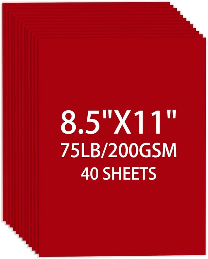 Cardstock 8.5 X 11, 40 Sheets Red Card Stock, 75lb/ 200gsm Copy Paper, Cardstock Printer Paper for Art, Drawing, Invitations, DIY Cards, Watercolor, Craft, Construction, School & Office Supplies