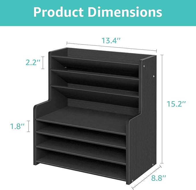 Wood Office Desk File Organizer - 7 Tier Desk Top Storage Shelf Stationary Workspace Organization Small Wooden Desktop Paper Tray,Black