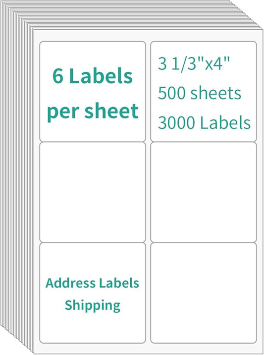 6 UP Labels, 4" x 3-1/3" Shipping Address Labels for Laser Inkjet Printer, Self Adhesive, Blank Mailing Sticker Printer Paper (500 Sheet=3000)