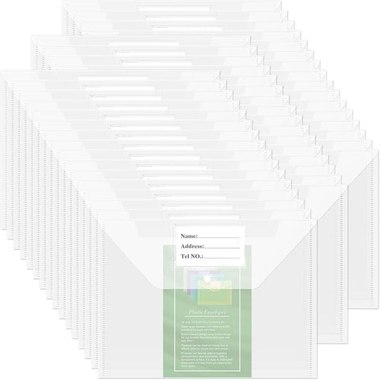 NACHLYNN 48pcs Plastic Envelopes Plastic Folders with Snap Closure, A4 Size Clear File Envelopes with Label Documents Folders Organizers for Home Work Office Organization