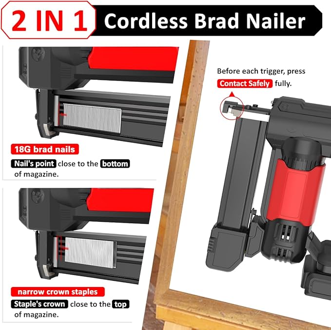 20v Cordless Staple Gun Brad Nailer 2 in 1 Aluminum Metal magzine 1 Hour Fast Charger 2000mA Lithium Battery 2000pcs Free Staples(90 4/5”1000+18GA 1”x1000) in Tool Case
