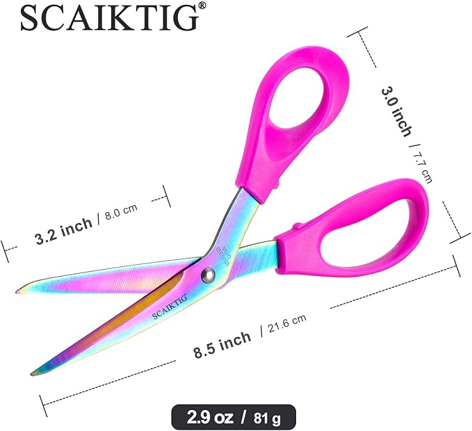8.5‘’ Bent Fabric Scissors All Purpose Sharp Heavy Duty, Bent Shears for Sewing Crafting Cutting Clothes, Felt, Leather, Paper Supplies, Purple Handle and Rainbow Titanium Coating Blades