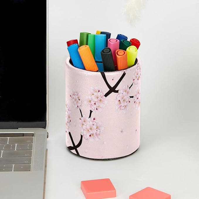 Desk Pencil Pen Holder, Cherry Blossom Flower Pink Pen Organizers for Desk Desktop Storage Stationery Supplies Cup Pot for Office School Home
