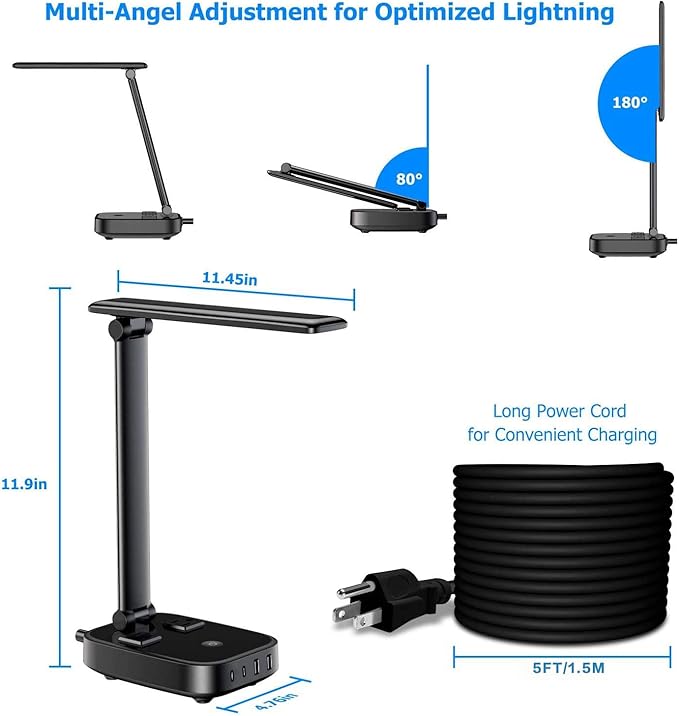 LED Desk Lamp with 4 USB Charging Ports and 2 AC Outlets,5ft Extension Cord Power Strip Station, 3 Level Brightness, Touch Dimmer Control, Office Table Eye Care Lamp Bedroom Hotel