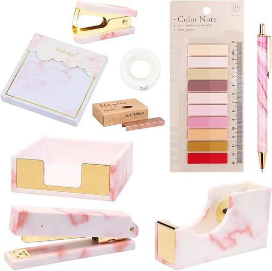 Pink Marble Desk Accessories Organizer Set of Stapler, Staple Remover, Tape Dispenser, Memo Pad Holder, Scissor, Ballpoint Pen, Binder Clips, Sticky Notes Office Supplies (Pink Marble)
