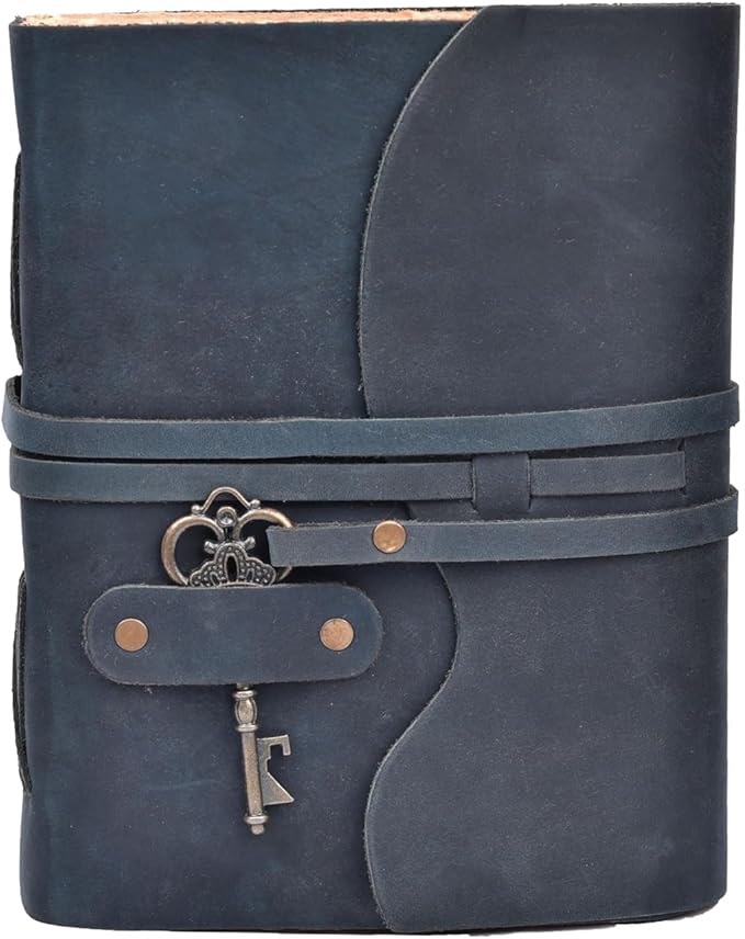 LEATHER VILLAGE Vintage Leather Journal – 200 Handmade Vintage Deckle Edge Paper – Leather bound Journal For Women Men – Vintage Key Closure - Book of Shadows - Blue - 6X4 inches (A6)