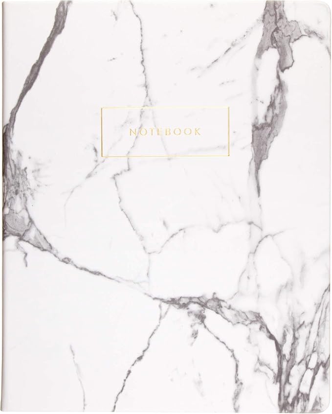 Eccolo Large Lined Journal Notebook, Hardbound Cover, Writing Journal, 256 Ruled White Pages, Ribbon Bookmark, Lay Flat, Desk Size for Work or School, White Marble (8x10 inches)
