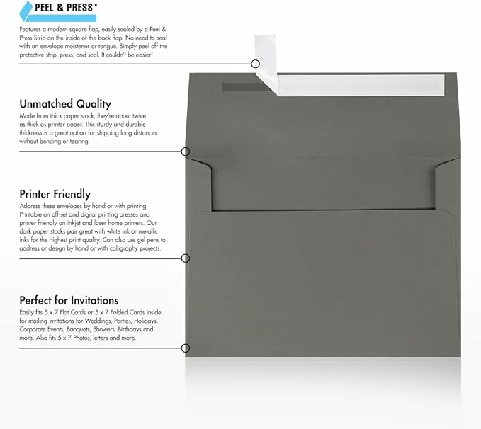 LUXPaper A7 Invitation Envelopes | Peel & Press | 5 1/4" x 7 1/4" | Smoke Gray | 80lb. Text | 500 Qty