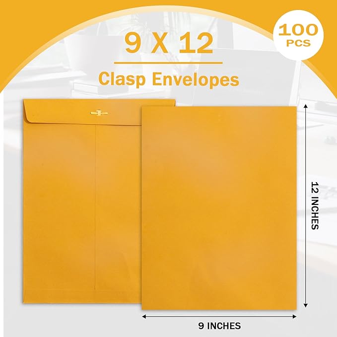 Clasp Envelopes 9x12, 100 GSM Paper, 100 Pack Goefun Brown Kraft Manilla Envelopes with Clasp Closure and Gummed Seal for Business, Legal, Office, Home and School