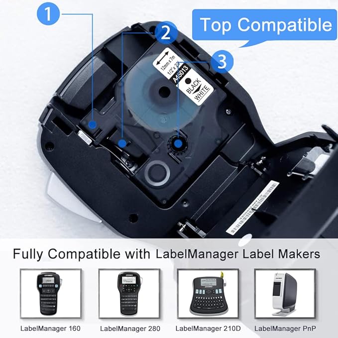 6-Pack Replace for Dymo Label Maker Refills D1 45013 a45013 S0720530, Black on White 1/2 Inch x 23Ft Used for Dymo LabelManager 160 420P 210D 280 360D PnP Label Maker, 12mm x 7m