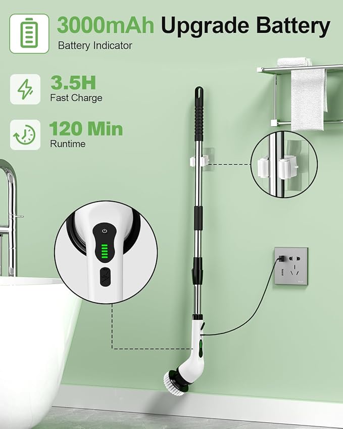 Electric Spin Scrubber, Cordless Cleaning Brush, Shower Scrubber with 9 Brush Heads 2H Power Dual Speed, Adjustable Extension Handle, IPX7 Waterproof for Tub Tile Floor Car, O-White.